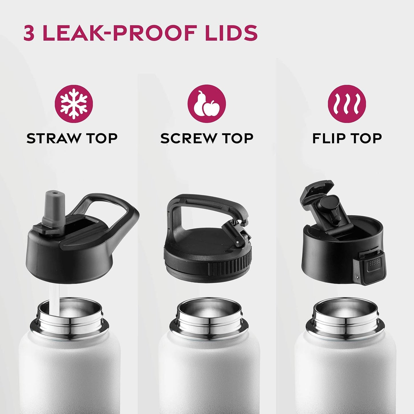 FineDine Water Bottle - Stainless Steel Insulated Water Bottle with Straw Lid, Flip Lid & Wide-Mouth Cap - Keeps Hot and Cold - 25 Oz / 739ml - Pure Pearly White