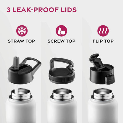 FineDine Water Bottle - Stainless Steel Insulated Water Bottle with Straw Lid, Flip Lid & Wide-Mouth Cap - Keeps Hot and Cold - 25 Oz / 739ml - Pure Pearly White