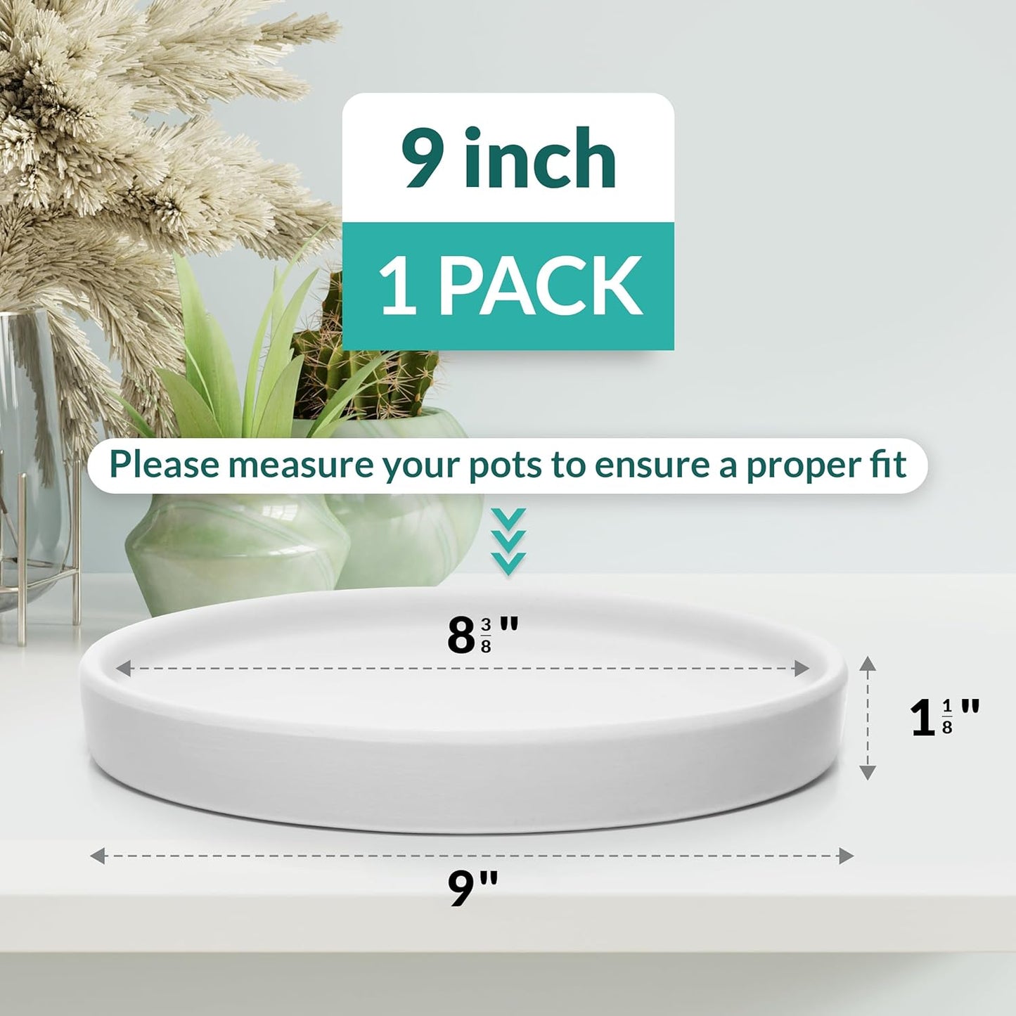 Heavy Duty Ceramic Black Plant Saucer - with Silicone Feet for Added Surface Protection - Scratch-Resistant Plant Drip Trays for Pots 8.3" at the Base or Less, Plant Plate, 7-8 Inch Plant Saucer