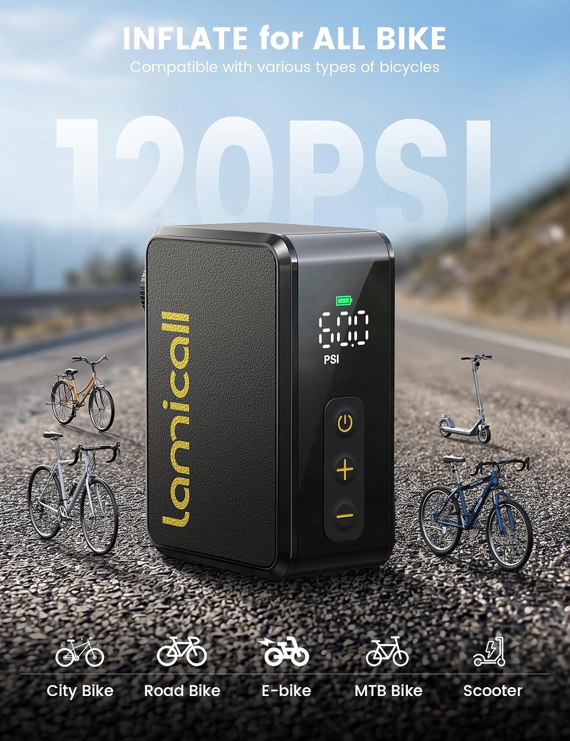 Ultra Mini Bike Pump Tire Inflator - Lamicall [5oz Ultra-Light][ 120 PSI] Portable Pump, 24 L/Min Inflation Speed, Auto Stop Tire Inflator with Guage for All Road Bike, Mountain Bike, E-Bike, Scooter