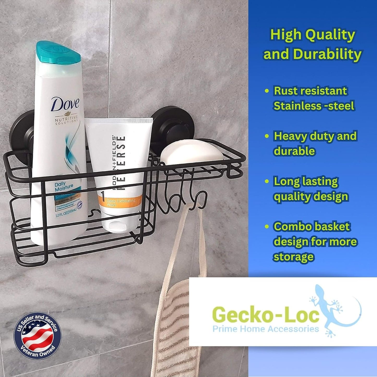Gecko-Loc Suction Cup Shower Caddy Bath Organizer - Bathroom Storage Basket (Black, Combo)