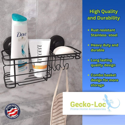 Gecko-Loc Suction Cup Shower Caddy Bath Organizer - Bathroom Storage Basket (Black, Combo)