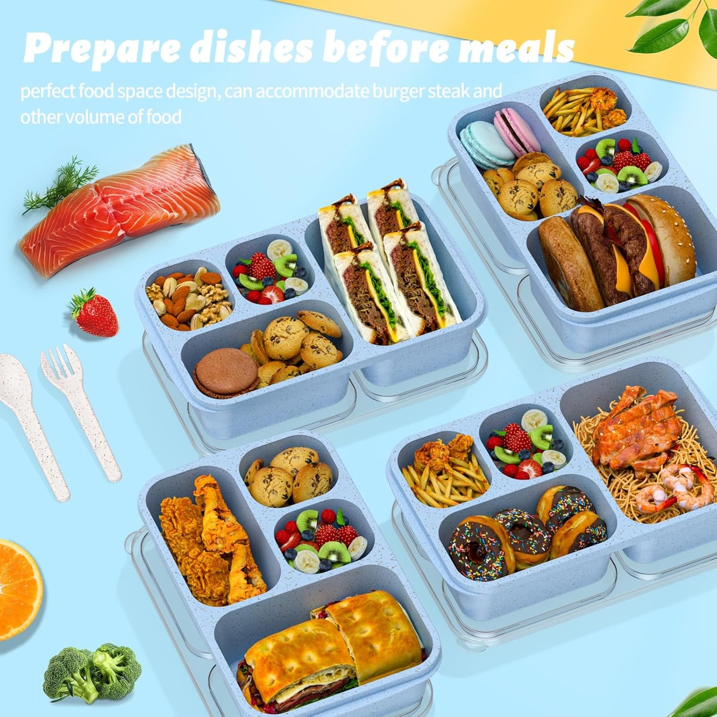 Large Capacity Bento Box for Adults, 4-Piece Set – Stackable Lunch Box with 4 Compartments, Microwave & Dishwasher Safe, Reusable Meal Prep Containers, Snack Containers for Kids & Adults (4 Colors)
