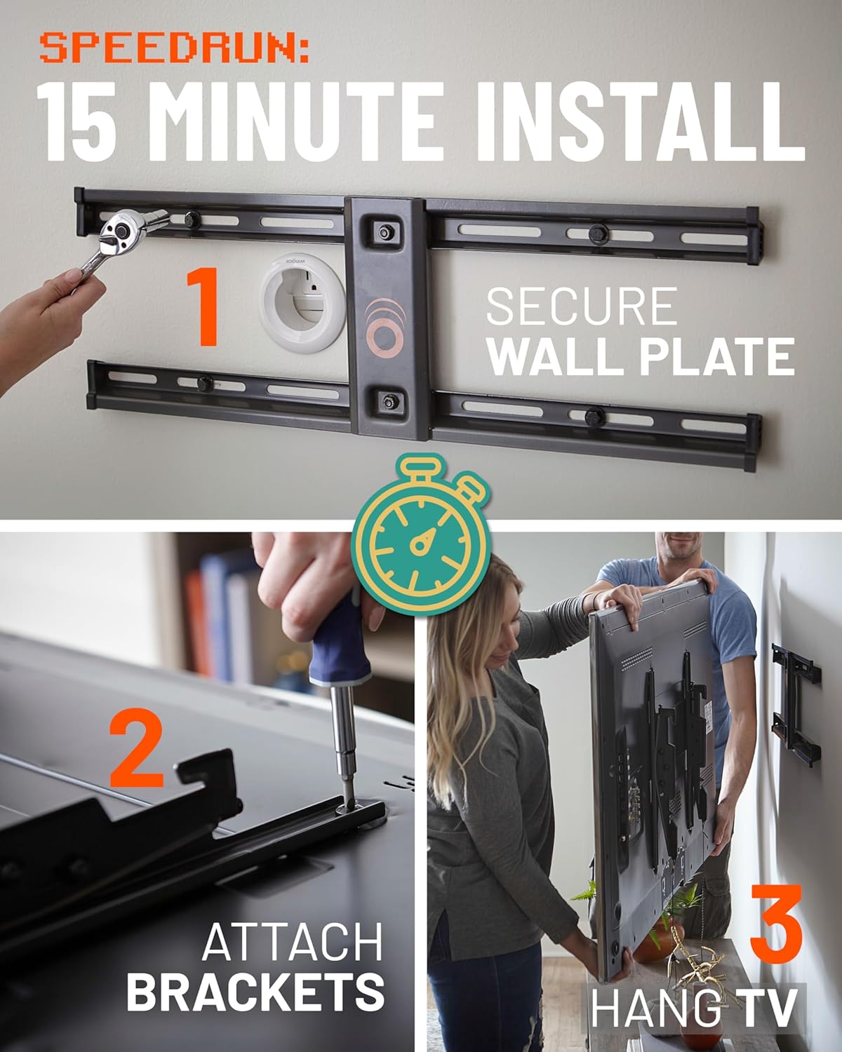 ECHOGEAR Wall Mount for TVs Up to 90" - Low Profile Design Holds Your TV Only 2.25" from The Wall - Fast Install with Template & You Can Level After Mounting - Pull Strings for Easy Cable Access