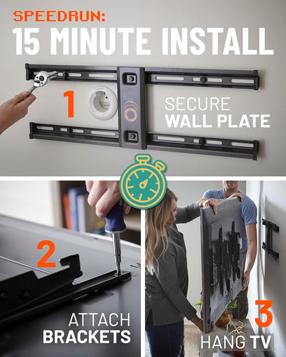 ECHOGEAR Wall Mount for TVs Up to 90" - Low Profile Design Holds Your TV Only 2.25" from The Wall - Fast Install with Template & You Can Level After Mounting - Pull Strings for Easy Cable Access