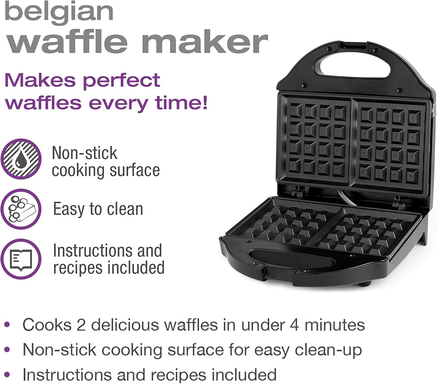 Salton Belgian Waffle Maker | Non-Stick Surface | 2 Waffles in Under 3 Minutes | Compact Upright Storage | Cool-Touch Handles | Recipe Book Included | Perfect for Breakfast & More | Black | WM1075BK
