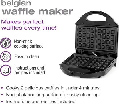 Salton Belgian Waffle Maker | Non-Stick Surface | 2 Waffles in Under 3 Minutes | Compact Upright Storage | Cool-Touch Handles | Recipe Book Included | Perfect for Breakfast & More | Black | WM1075BK