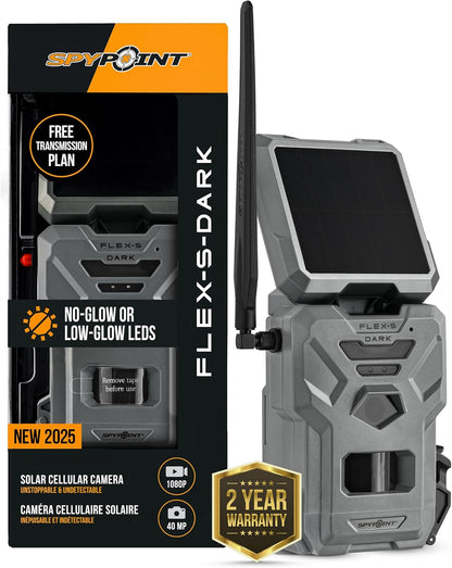 SPYPOINT Flex-S Dark Ultimate Pack Solar Outdoor Cellular Trail Camera - Integrated Solar Panel, No WiFi Needed, Night Vision Motion Activated, Dual-Sim LTE, 40MP Photos and 1080p w/Sound