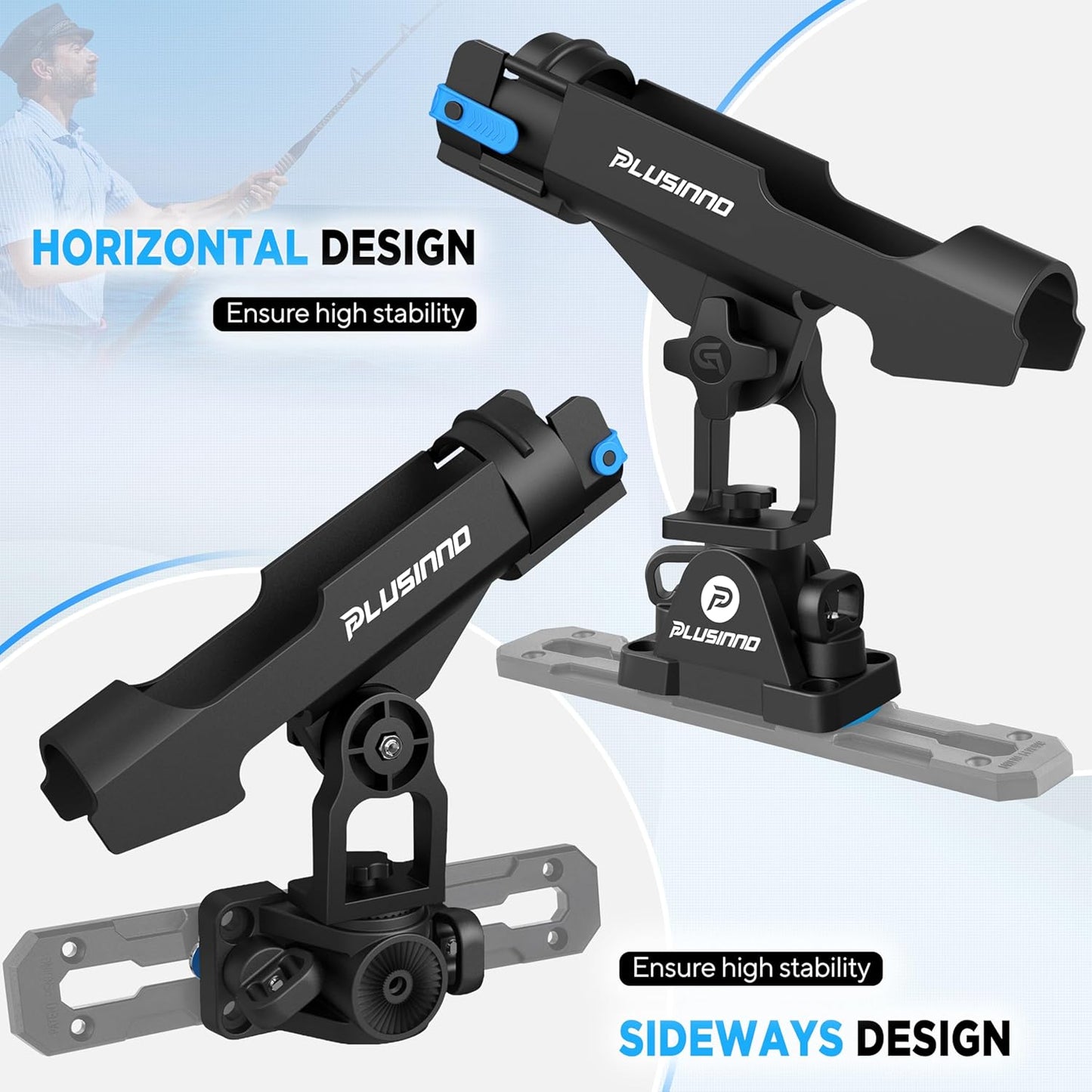PLUSINNO 2 in 1 Fishing Rod Holders for Boat, Kayak Fishing Rod Holder, Fishing Pole Holders for Track Mount/Deck Mount, Fishing Gear with Fishing Rod Protective Strap, Fishing Accessories & Gifts