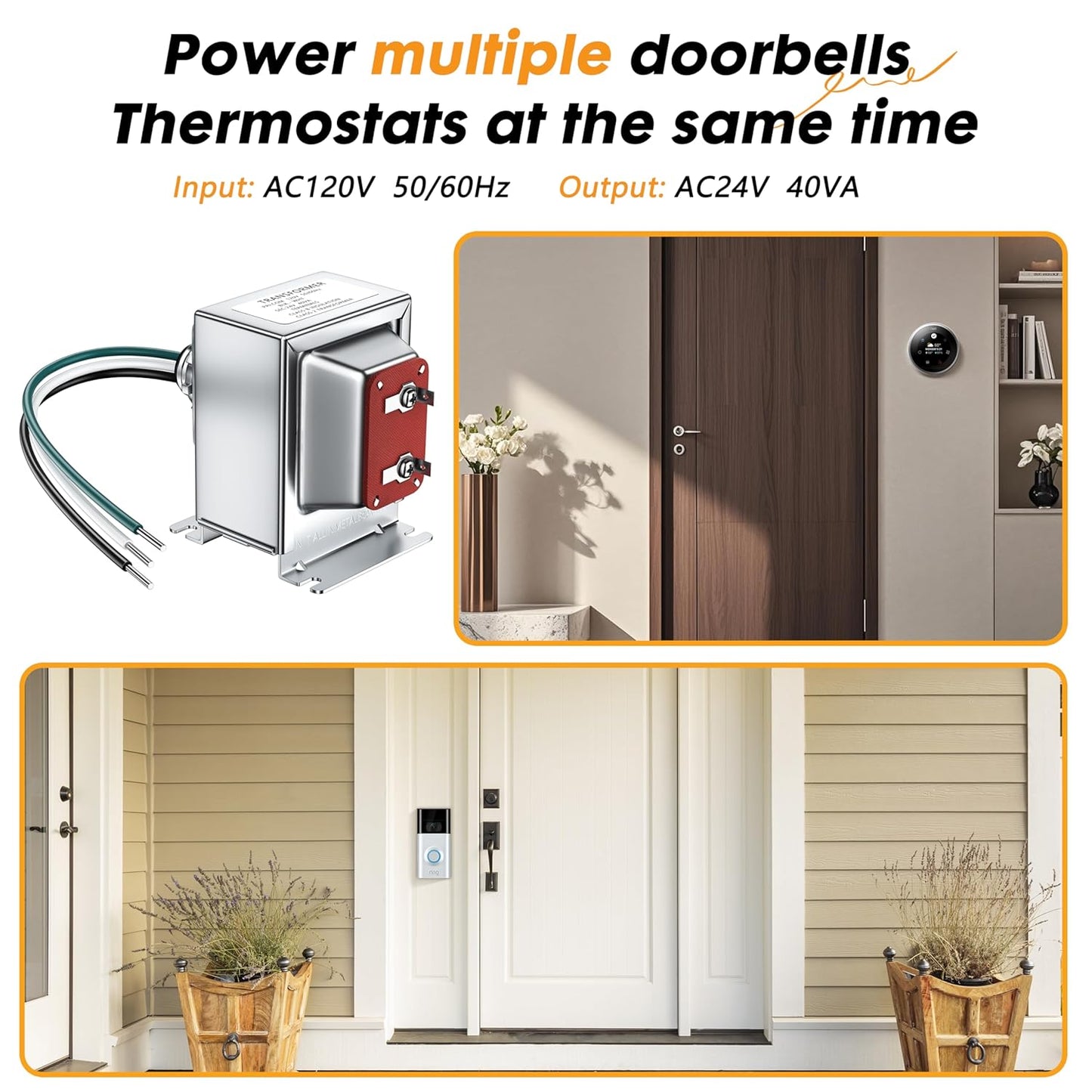 GGOY 24V 40VA Thermostat and Doorbell Transformer Adapter Compatible with Nest Hello Doorbell, Ecobee, Saswell, Nest, Sensi and Honeywell Thermostat, All Versions of Ring Door Bell Power Supply