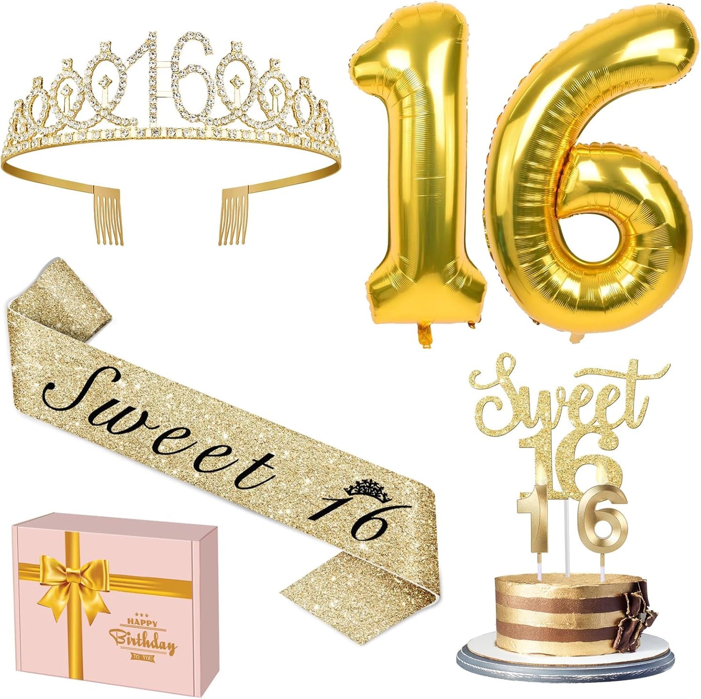 65th Birthday Decorations for Women, Including 65th Birthday Sash and Crown, Cake Topper and Candles, Number Balloons Rose Gold, 65 Year Old Gifts for Women