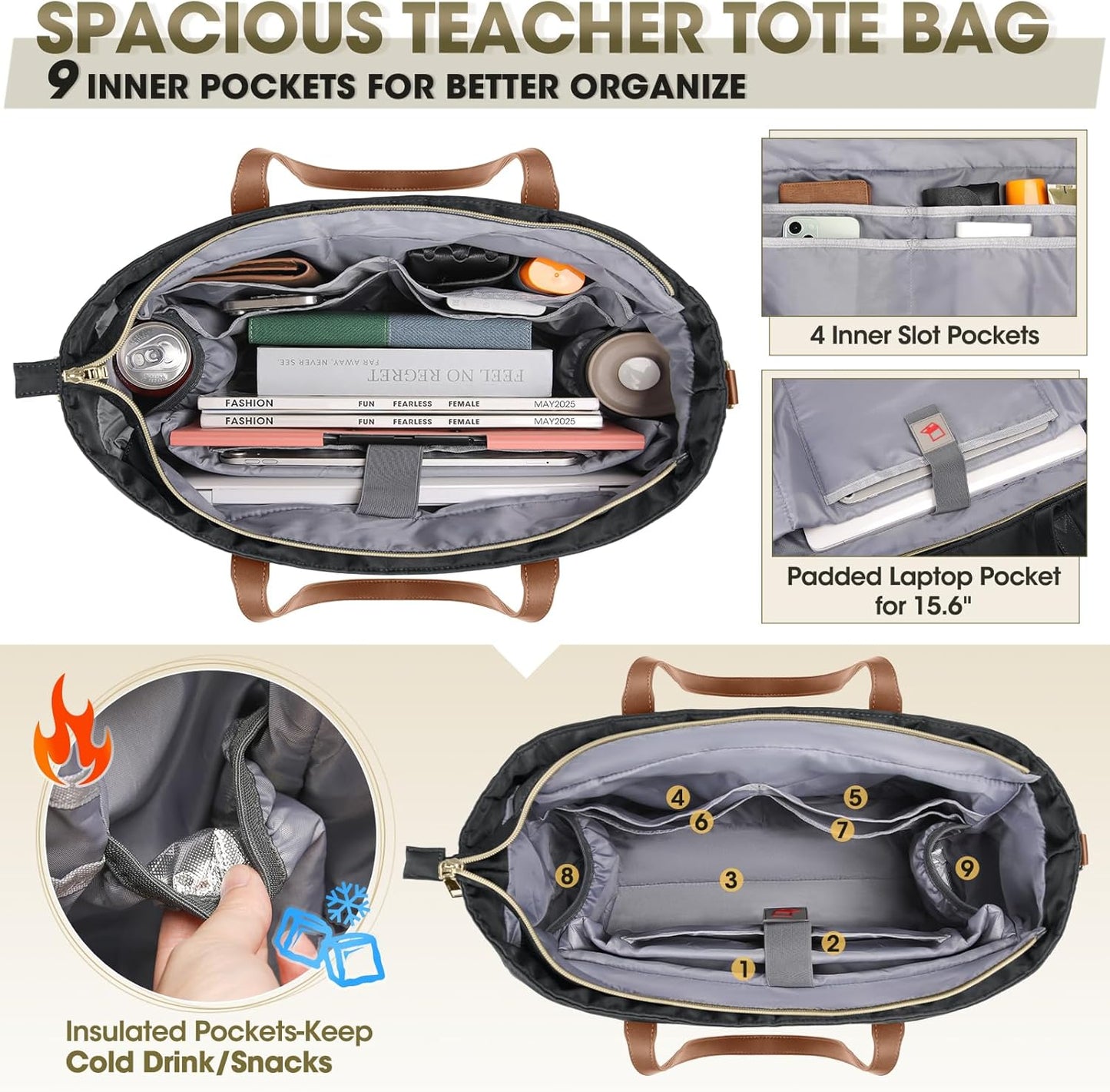 RAINSMORE Laptop Bag For Women 15.6 Inch Work Teacher Tote Bag Waterproof Nurse Bag Large Handbag Shoulder Travel Computer Messenger Bag Briefcase,Black - PuriLite