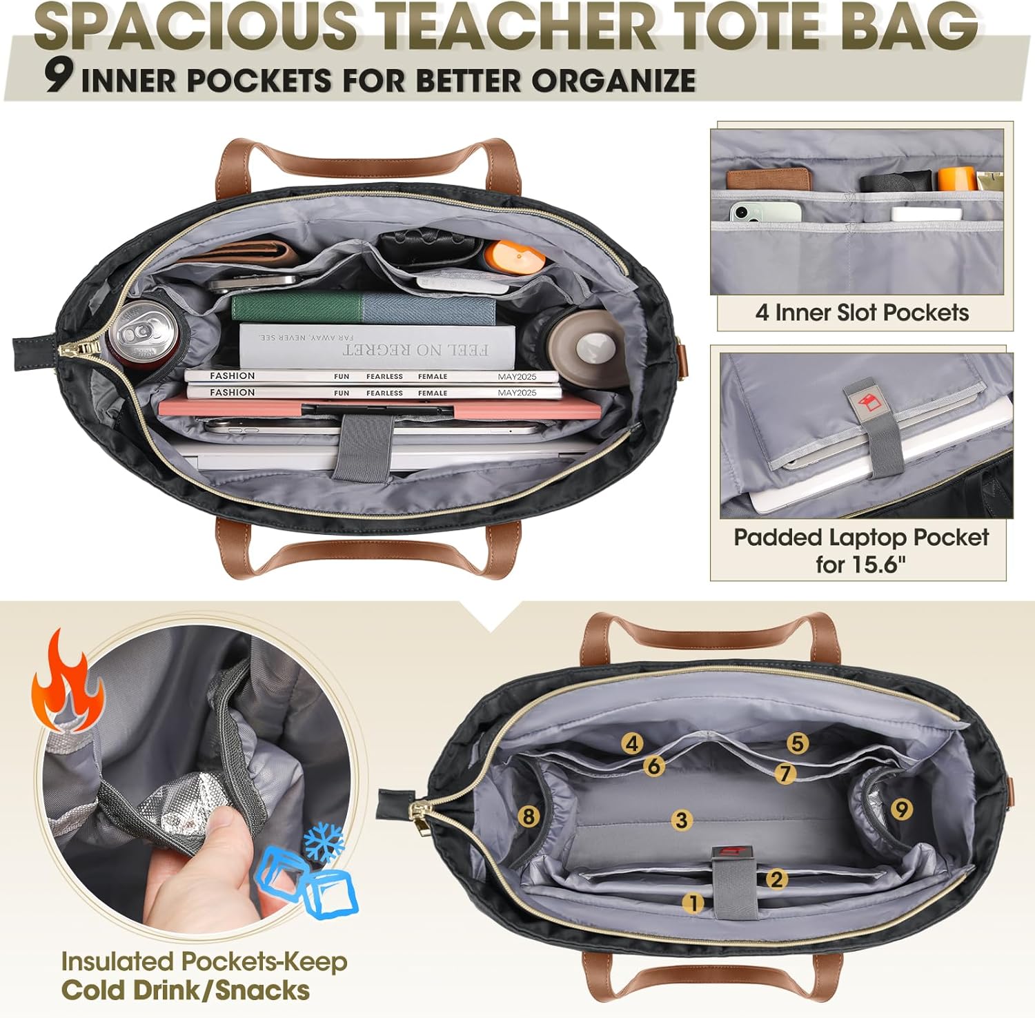 RAINSMORE Laptop Bag For Women 15.6 Inch Work Teacher Tote Bag Waterproof Nurse Bag Large Handbag Shoulder Travel Computer Messenger Bag Briefcase,Black - PuriLite