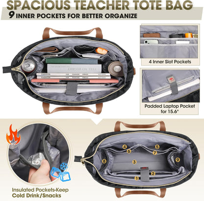 RAINSMORE Laptop Bag For Women 15.6 Inch Work Teacher Tote Bag Waterproof Nurse Bag Large Handbag Shoulder Travel Computer Messenger Bag Briefcase,Black - PuriLite