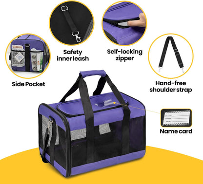 Conlun Cat Carrier Airline Approved, Soft-Sided Dog Carrier with Inner Safety Leash, Pet Transport Carrier for Small-Medium Cats Puppies up to 15 Lbs, Collapsible Travel Kitten Carrier Bag -Black M