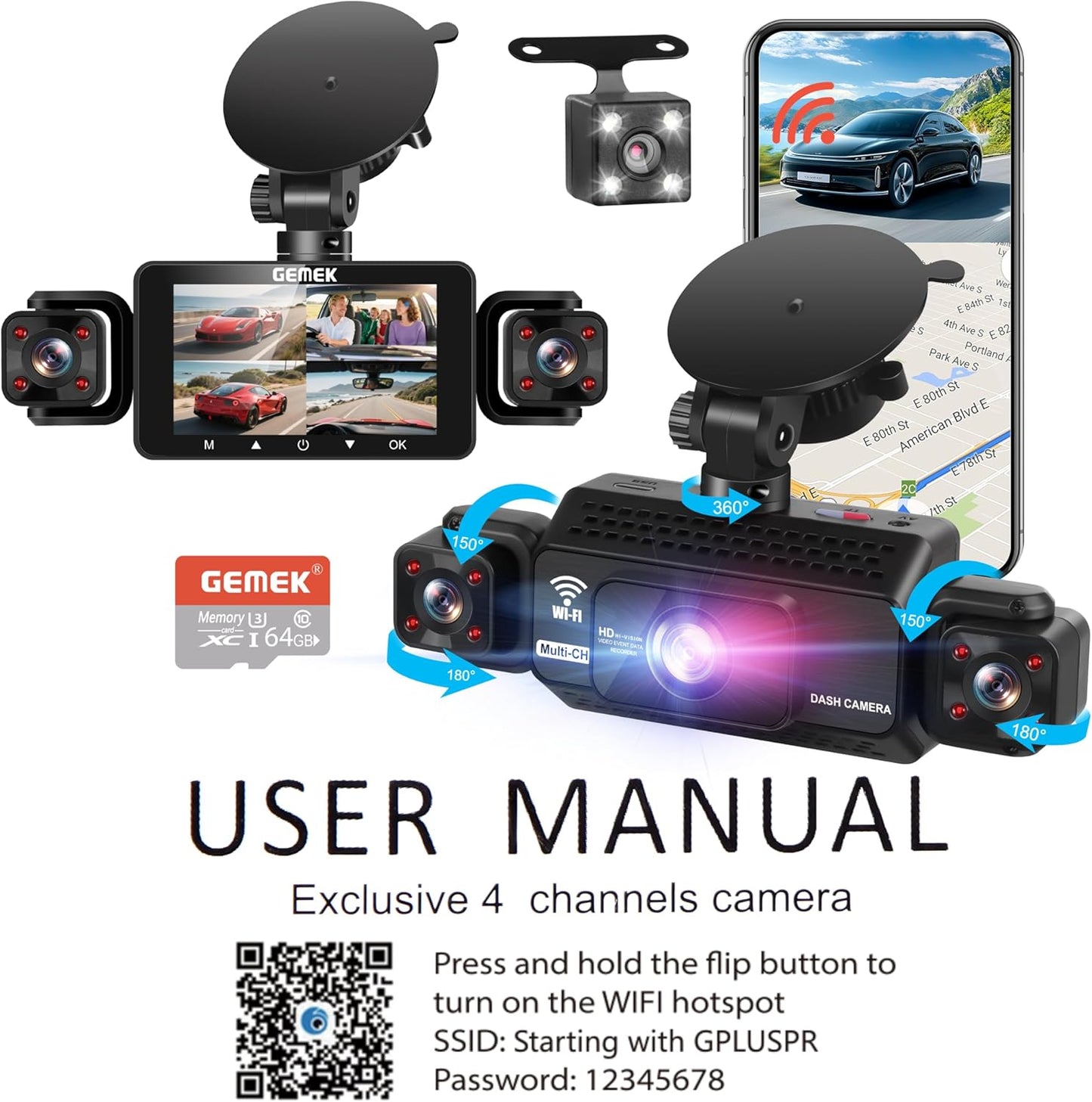 4 Channel Dash Cam 360° View 5G WiFi & APP Control, GEMEK 2K Front and Rear Inside, Left Right Dash Camera for Cars Free 64GB TF Card, G-Sensor, Night Vision, 24H Parking Mode