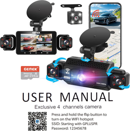 4 Channel Dash Cam 360° View 5G WiFi & APP Control, GEMEK 2K Front and Rear Inside, Left Right Dash Camera for Cars Free 64GB TF Card, G-Sensor, Night Vision, 24H Parking Mode