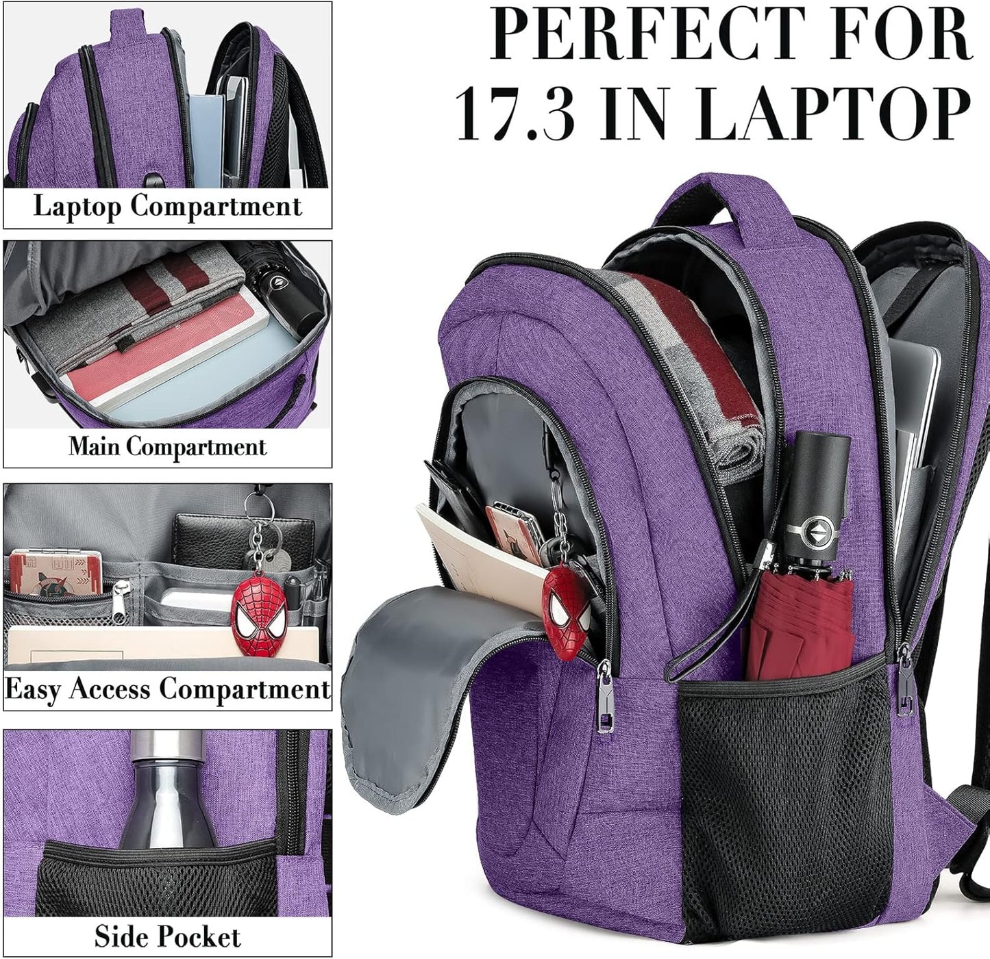 Backpack for Men and Women, School Backpacks for Teen Boys and Girls, Black Water Resistant Back Pack, Business Men Sturdy Computer Bag with USB Charging Port, Gifts