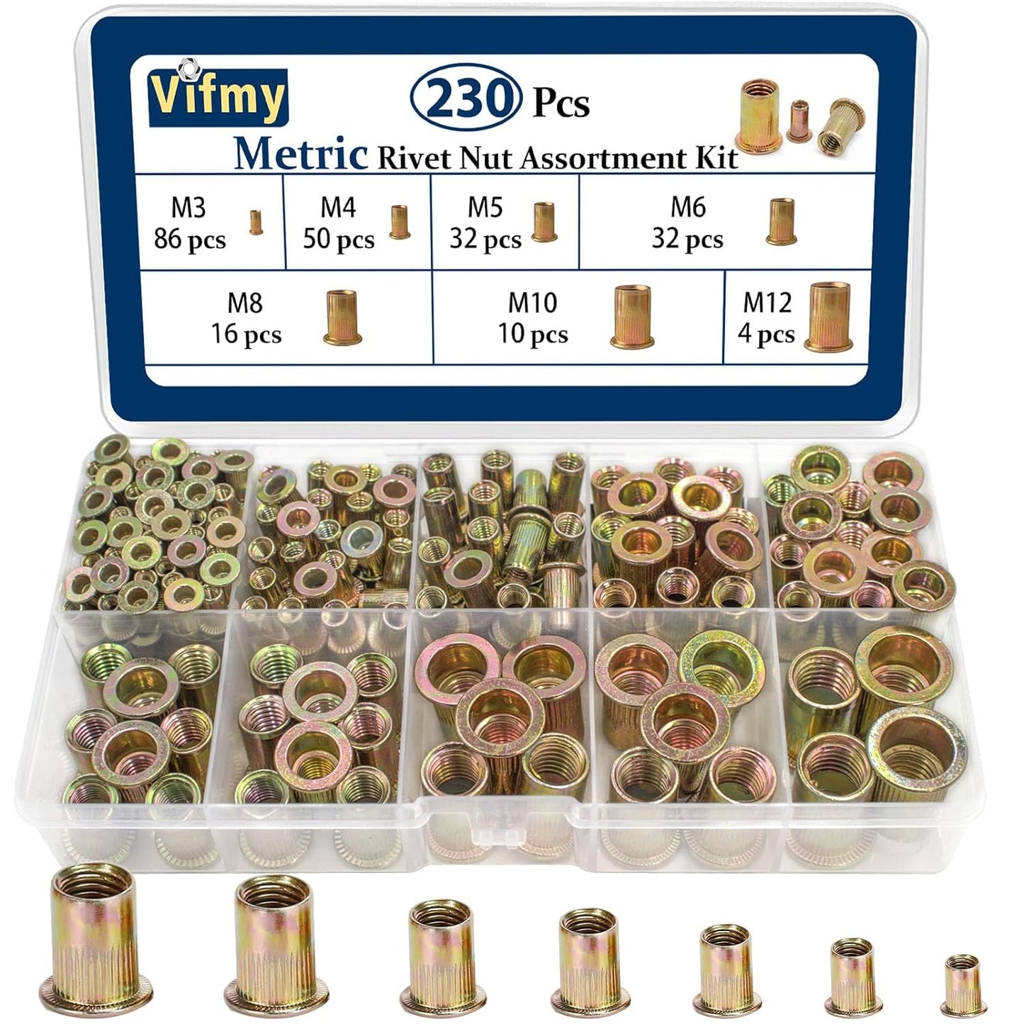 Vifmy Metric & SAE Rivet Nut Assortment Kit(420 Pcs),m3 m4 m5 m6 m8 m10 m12#6-32#8-32#10-24 1/4"-20 5/16"-18 3/8"-16 UNC Flat Head Rivnut Set,Zinc Plated Finish Carbon Steel Nutsert
