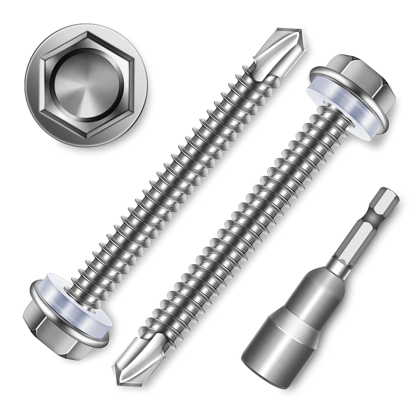 EASTPUK 100Pcs #8 x 1/2" Sheet Metal Screws, 410 Stainless Steel Self Drilling Hex Washer Head Self Tapping Screws for Metal with Drill Bit