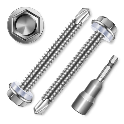 EASTPUK 100Pcs #8 x 1/2" Sheet Metal Screws, 410 Stainless Steel Self Drilling Hex Washer Head Self Tapping Screws for Metal with Drill Bit