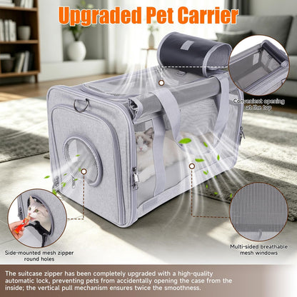 Pet Carrier Bag with Detachable Wheels for Cat or Small Dog, Grey | Travel Hand Portable Bag, Large, with Handle, Breathable Mesh, Ventilated, Airline approved, Collapsible, Locking Zipper