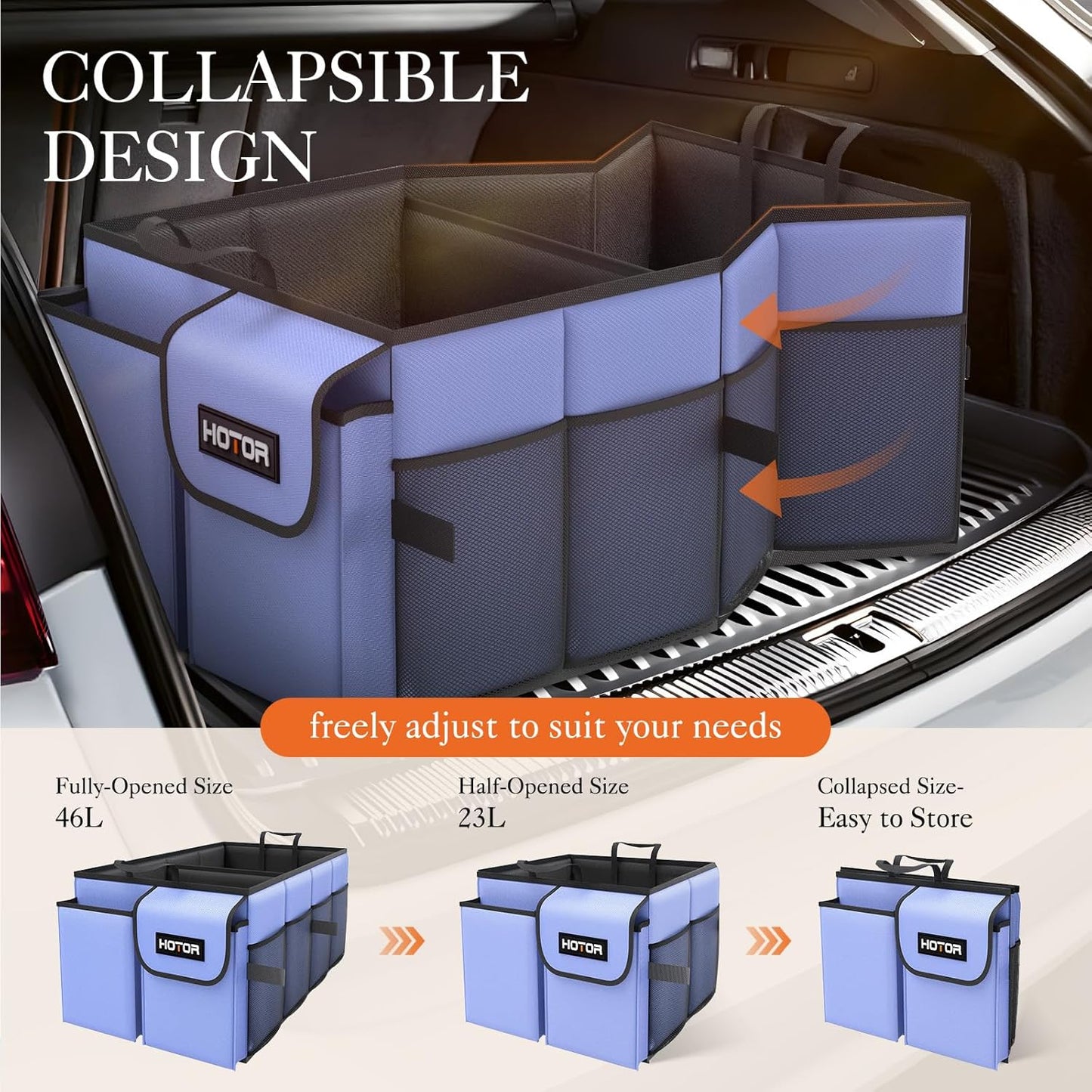 HOTOR Trunk Organizer - Car Organizer, Foldable Trunk organizer for SUVs & Sedans, Car Accessories, Tools, Sundries, 2 Compartments, Black