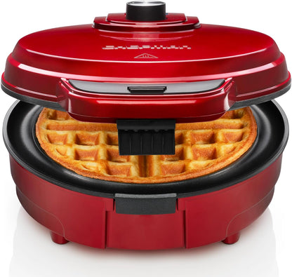 Chefman Anti-Overflow Belgian Waffle Maker w/ Shade Selector, Temperature Control, Mess Free Moat, Round Iron w/ Nonstick Plates & Cool Touch Handle, Measuring Cup Included, Red