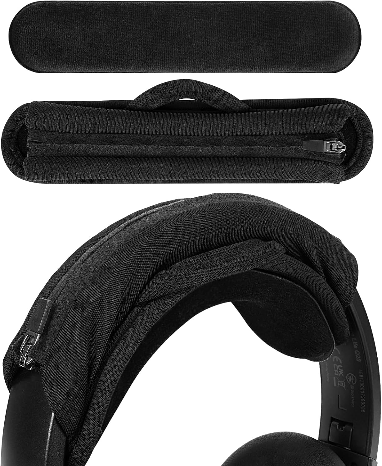 Geekria Hook and Loop Headband Cover + Pad Set, Protector with Zipper Closure Compatible with Medium Sized Headphones, Easy DIY Installation (Protein Leather/Black)