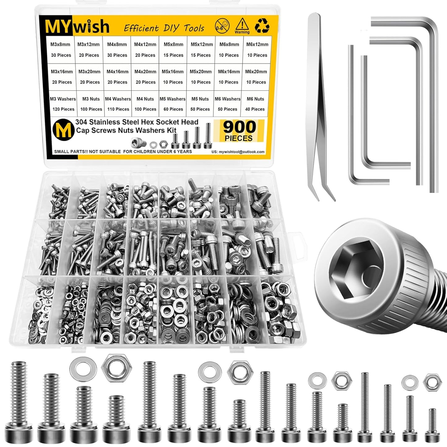 Mywish 900Pcs Metric Screw Assortment, M3 M4 M5 M6 Screw Assortment Kit 304 Stainless Steel Hex Socket Button Head Socket Cap Metric Screws Bolts & Flat Washers/Nuts/Hex Wrenches 16 Sizes 8MM to 20MM