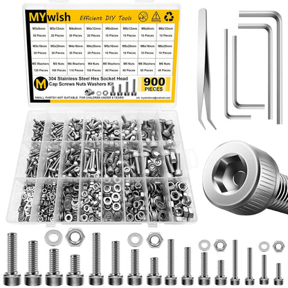 Mywish 900Pcs Metric Screw Assortment, M3 M4 M5 M6 Screw Assortment Kit 304 Stainless Steel Hex Socket Button Head Socket Cap Metric Screws Bolts & Flat Washers/Nuts/Hex Wrenches 16 Sizes 8MM to 20MM