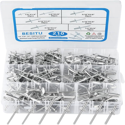 Besitu 210Pcs Pop Rivets Assortment Kit, 1/8" 3/16" 1/4" Large Flange Solid Rivets Set Aluminum Grip Stainless Steel Mandrel Blind Rivets for Metal Heavy Duty
