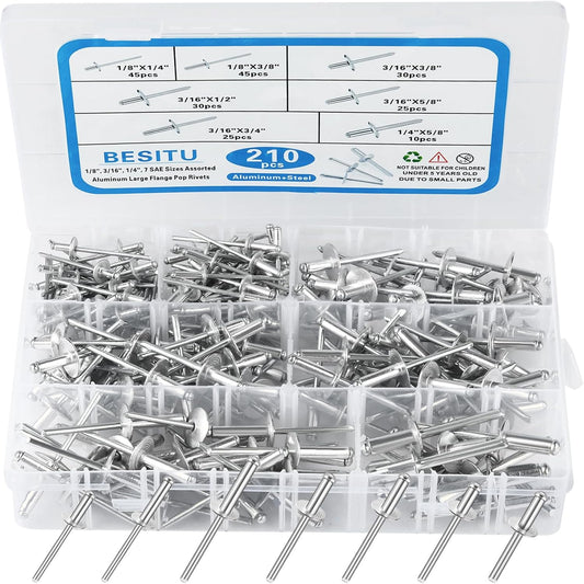 Besitu 210Pcs Pop Rivets Assortment Kit, 1/8" 3/16" 1/4" Large Flange Solid Rivets Set Aluminum Grip Stainless Steel Mandrel Blind Rivets for Metal Heavy Duty