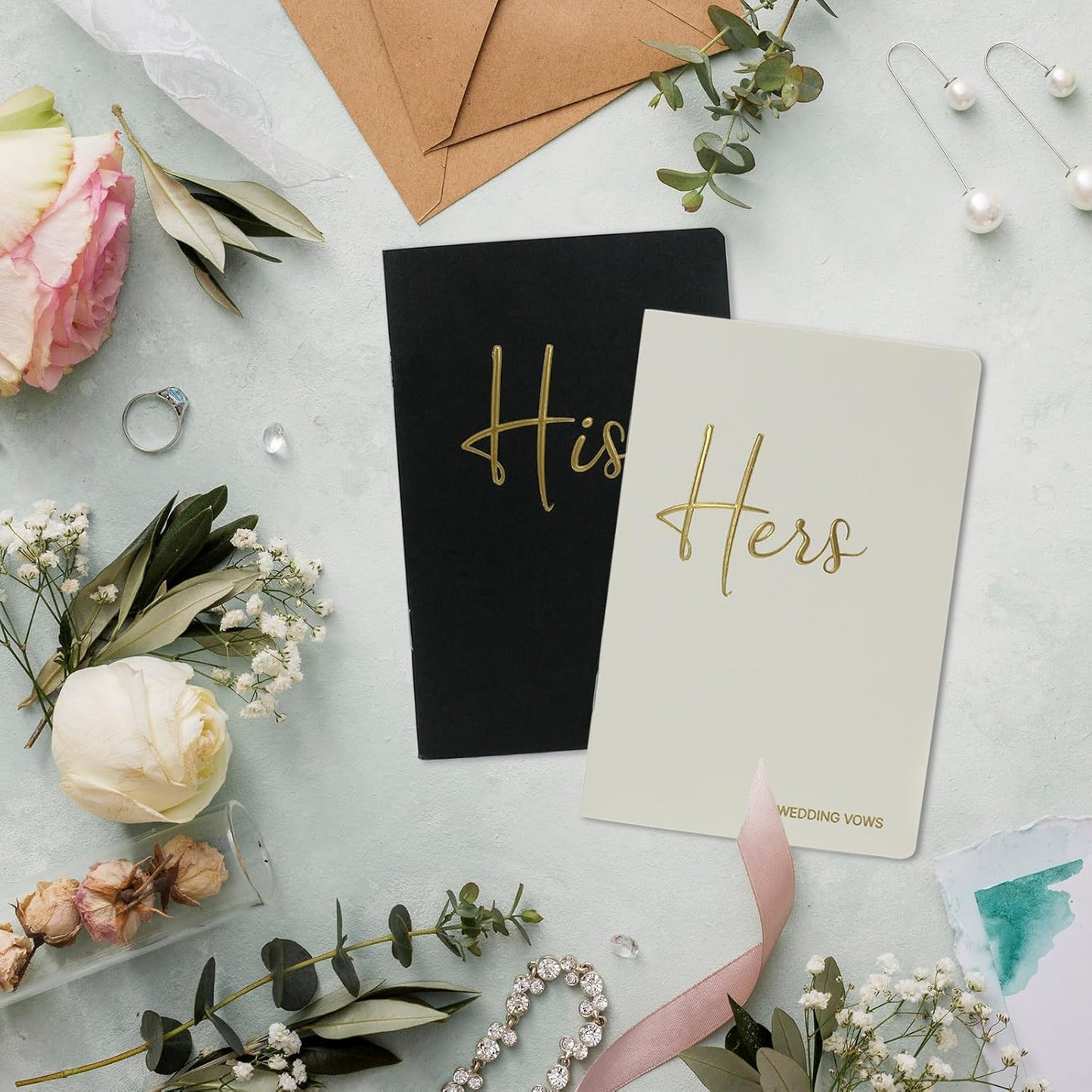 Vekola Vow Books for Wedding His and Hers Elegant Gold Foil Set of 2 Wedding Notebook with 28 Pages (Navy Blue+White)