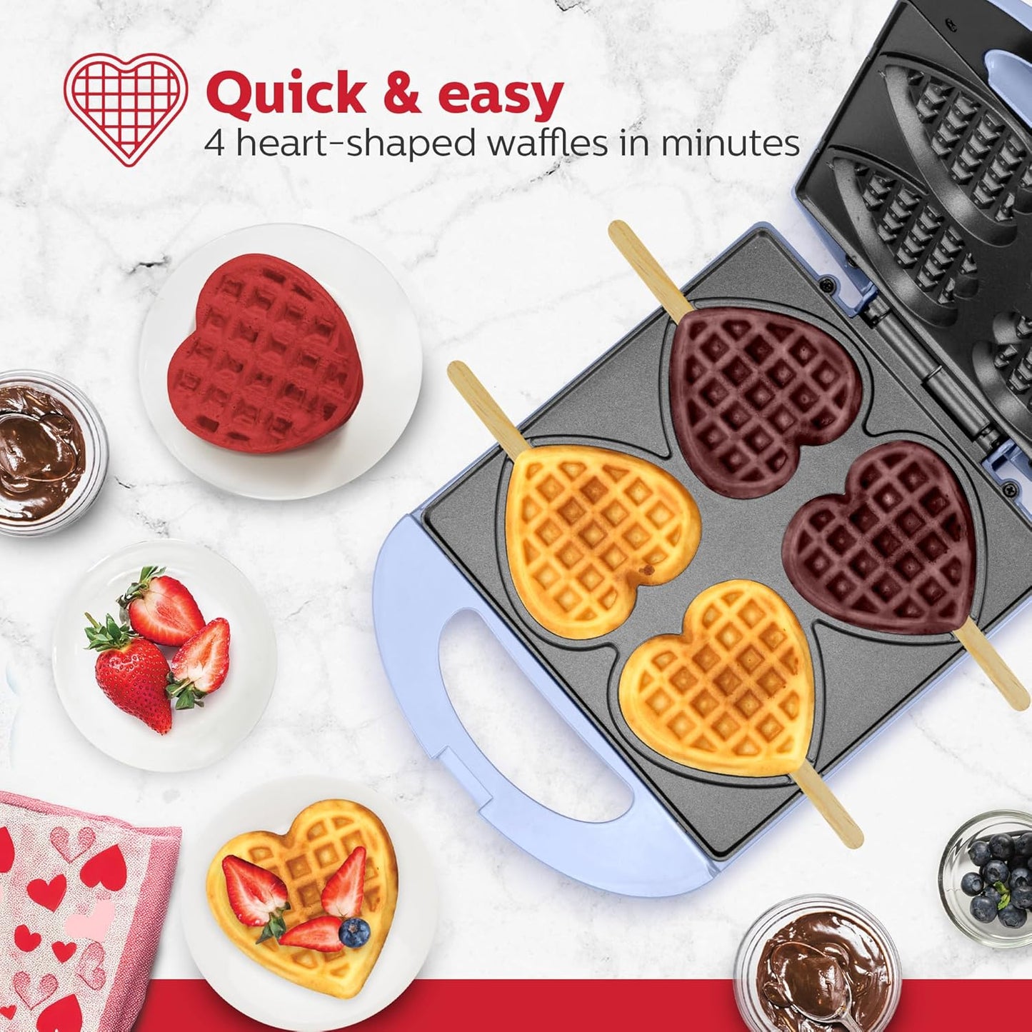Holstein Housewares - Non-Stick Heart Waffle Maker, Lavender - Makes 4 Heart-Shaped Waffles in Minutes