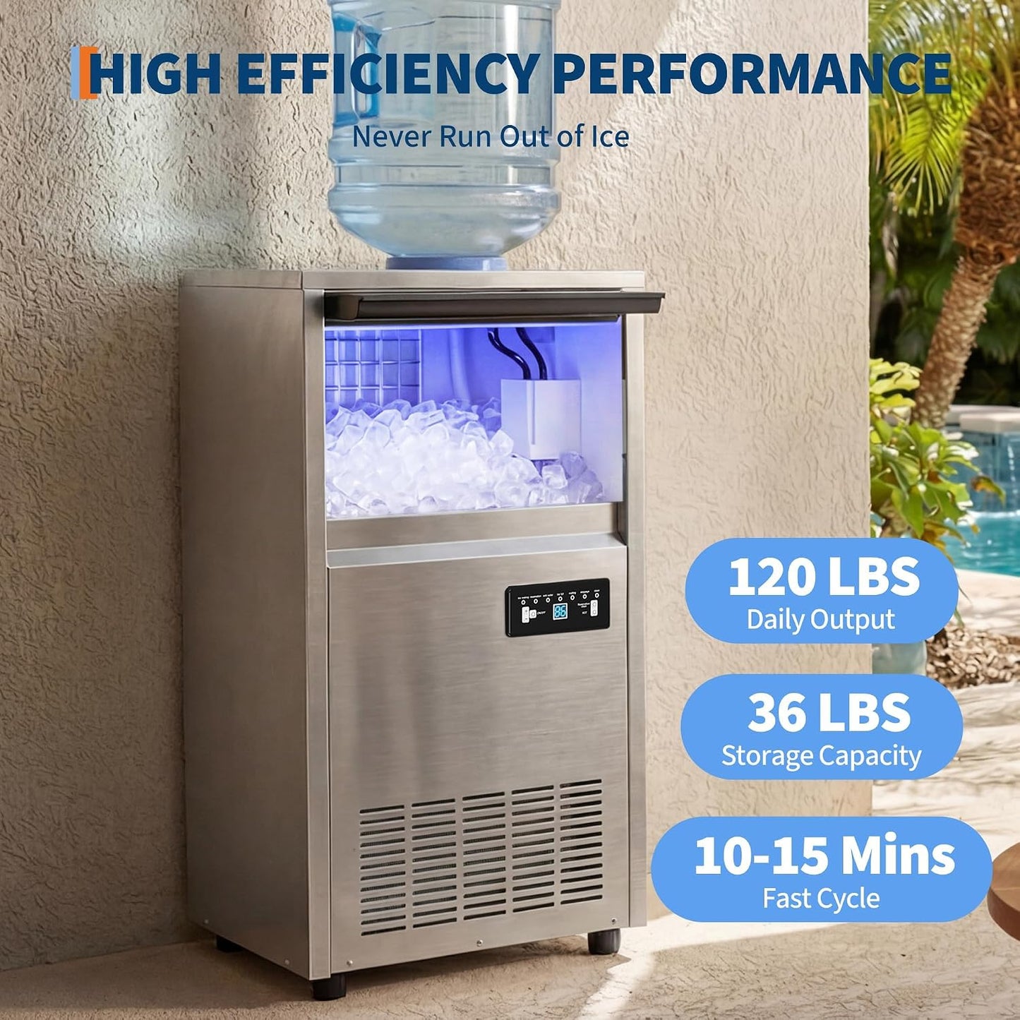 Commercial Ice Maker, 120Lbs Daily Output Ice Machine | 36 Lbs Storage Bin, Dual Water Inlet, One‑Touch Self‑Cleaning, LCD Control Panel, For Bar Cafe Restaurant