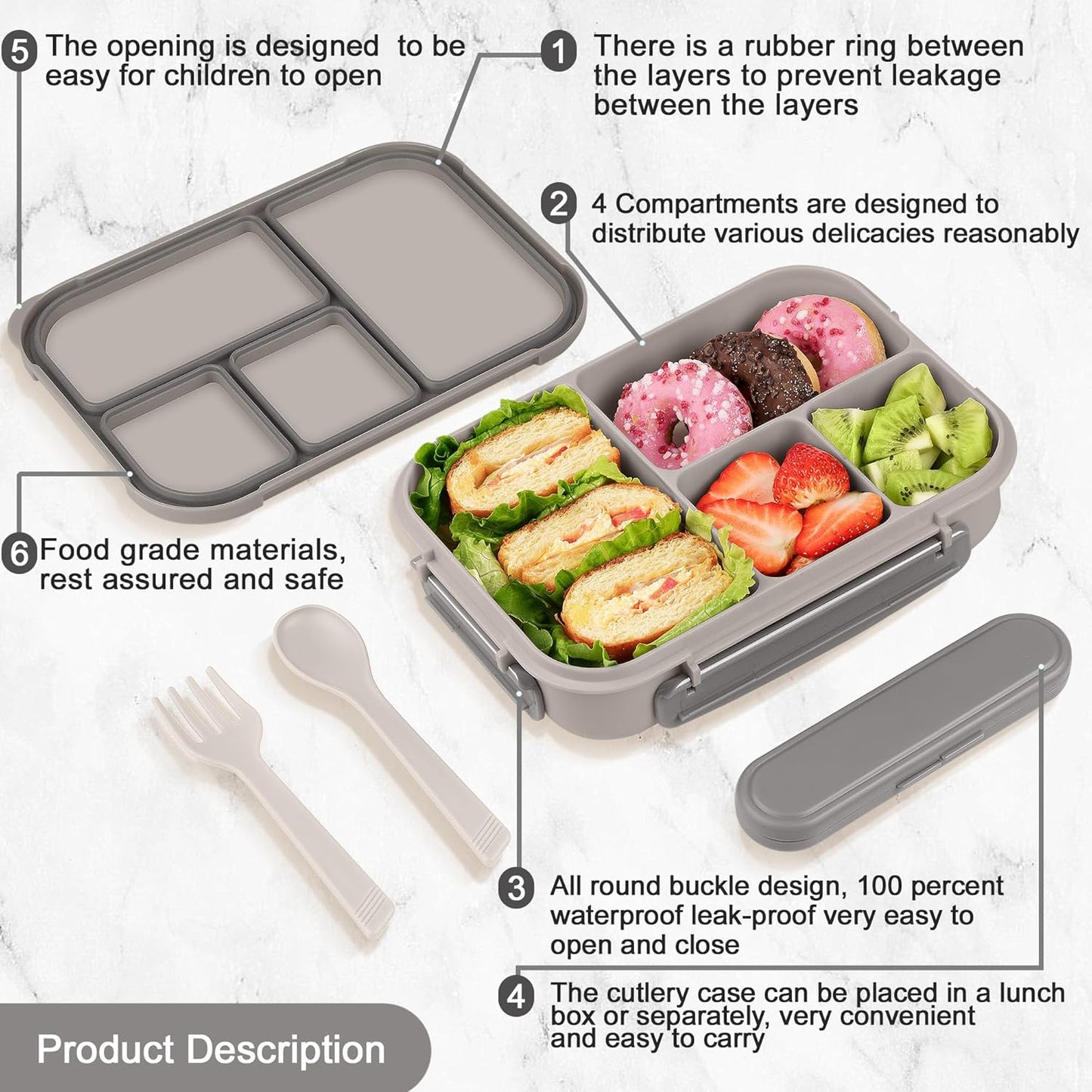 Amathley Lunch Box Kids,Bento Box Adult Lunch Box,Leakproof Lunch Containers for Adults/Kids/Toddler,1200ML-4 Compartments bento Lunch box with Utensil,Microwave & Dishwasher Safe(Dark Gray)