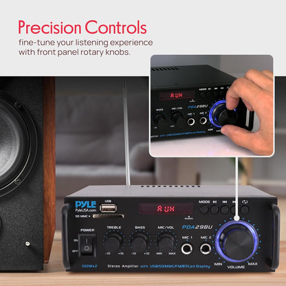 Pyle Bluetooth Amplifier-Wireless Dual Channel Stereo Amp, Powerful and Compact, 200W, LED Display, RCA/USB/SD/AUX/MIC in, FM Radio, Perfect for Home and Studio Audio