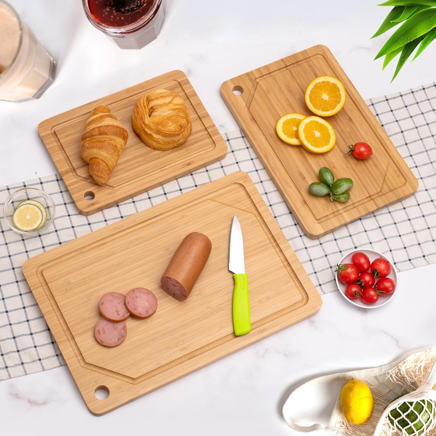 Bamboo Cutting Board Set of 3, Cutting Boards for Kitchen with Juice Groove, Bamboo Chopping Board Set, Serving Board Set for Meat, Fruit Vegetable and Cheese
