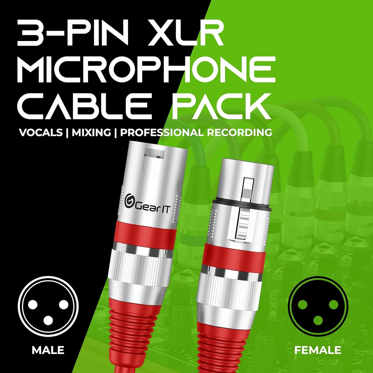 GEARit XLR Male to Female Microphone Cable (10 Feet, 6-Pack) 3-Pin Balanced Shielded Mixer, Recording Studio, Podcast - Black
