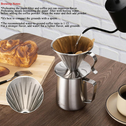 Lalord Pour Over Coffee Maker Set, 304 Stainless Steel wIth 100 pcs 02 Paper Filters & 600ml Milk Frothing Pitcher, for Home & Camping