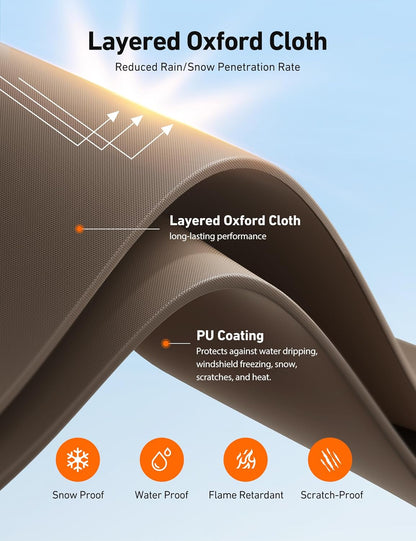 AstroAI Windshield Cover for Snow and Ice, 600D Oxford Fabric, Front Car Windshield Snow Cover, Winter Protection for Cars and Compact SUVs Wiper Mirror Protector Windproof Cover (Brown) - PuriLite