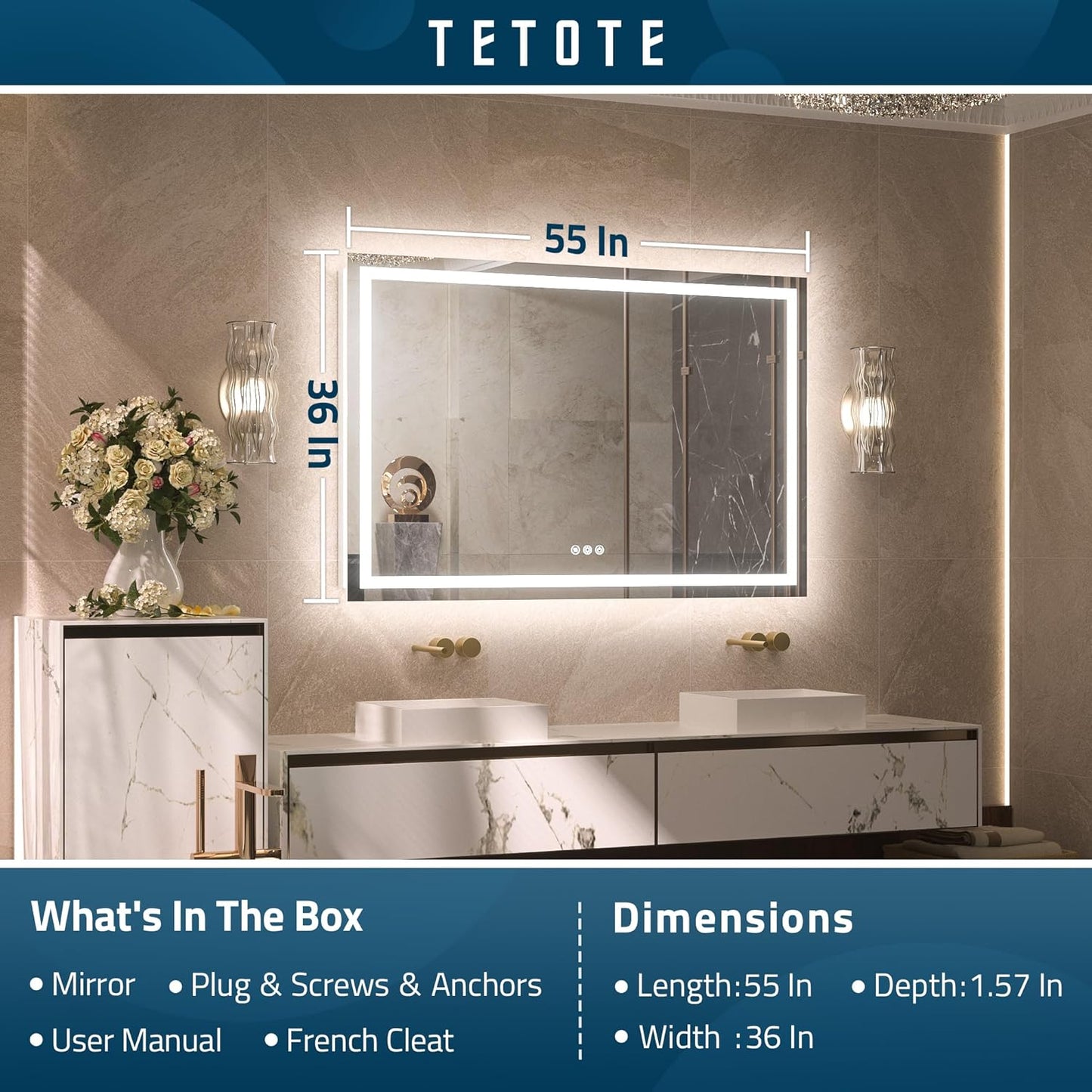 TETOTE LED Bathroom Mirror 20x28 Frontlit & Backlit Lighted Vanity Mirror Anti Fog Stepless Dimmable 3 Colors White/Warm/Natural,Double Lights,Wall-Mounted(Horizontal/Vertical)