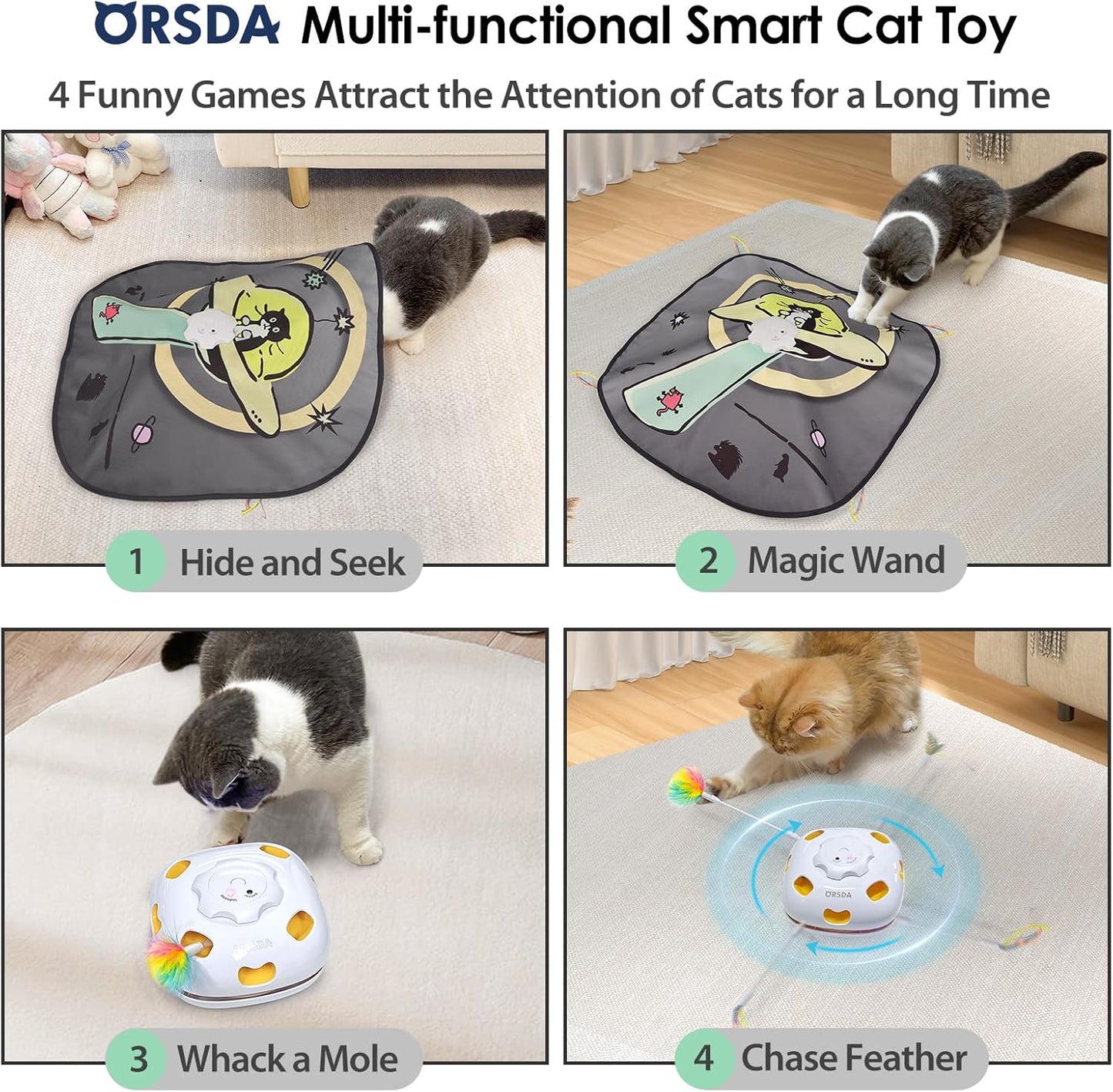 ORSDA Cat Toys Interactive, 4 in 1 Automatic Cat Toy, Hide and Seek, Whack a Mole, Magic Wand, Chasing Feather, with 4 Replacements, USB Rechargeable, for All Breed Sizes