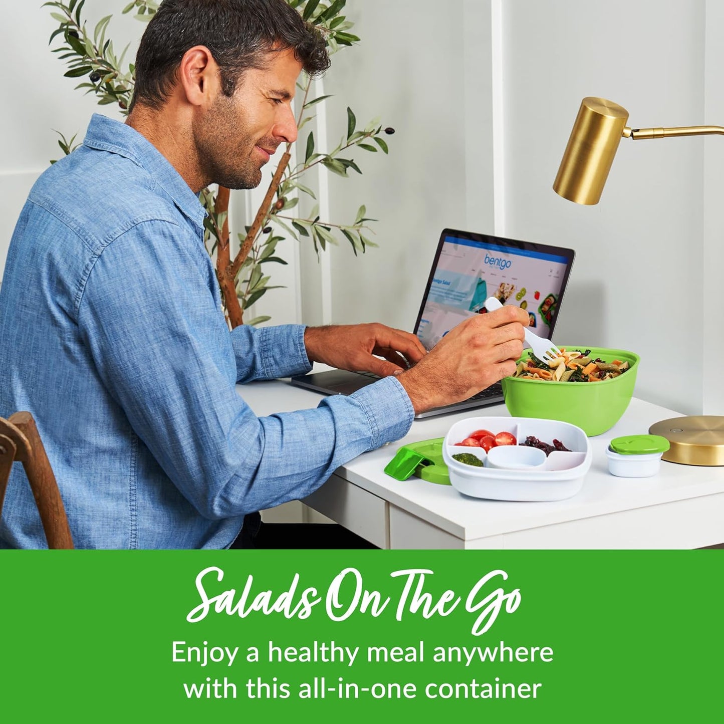 Bentgo Salad - Stackable Lunch Container with Large 54-oz Salad Bowl, 4-Compartment Bento-Style Tray for Toppings, 3-oz Sauce Container for Dressings, Built-in Reusable Fork & BPA-Free (Khaki Green)