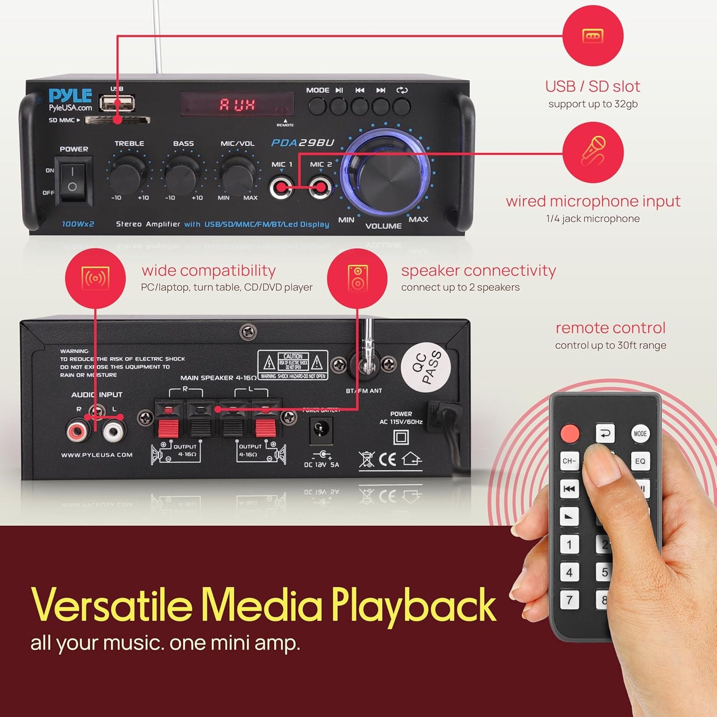 Pyle Bluetooth Amplifier-Wireless Dual Channel Stereo Amp, Powerful and Compact, 200W, LED Display, RCA/USB/SD/AUX/MIC in, FM Radio, Perfect for Home and Studio Audio