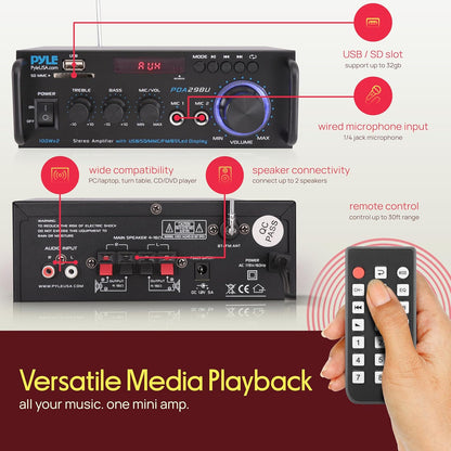 Pyle Bluetooth Amplifier-Wireless Dual Channel Stereo Amp, Powerful and Compact, 200W, LED Display, RCA/USB/SD/AUX/MIC in, FM Radio, Perfect for Home and Studio Audio