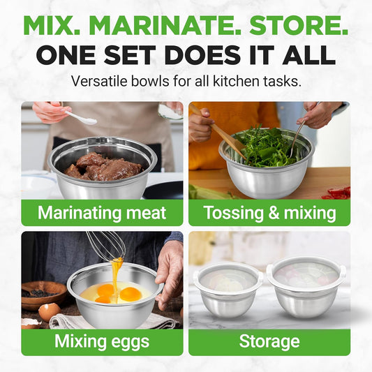 NutriChef 5-Piece Stainless Steel Mixing Bowl Set - Stackable 0.75, 1, 1.5, 3 & 5 Quart Sizes Kitchen Bowls with Lids, Durable & Stackable, Ideal for Marinating Meats for BBQs & Mixing - PuriLite