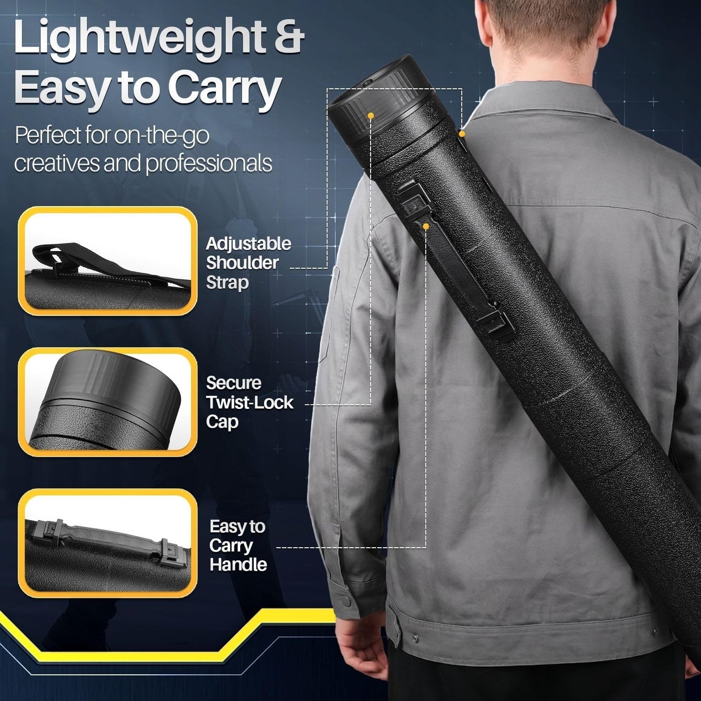 Flexzion Poster, Art, Document Tube with Strap, Expandable Waterproof Plastic Container, Telescoping Cylindrical Storage Case, Portable Paper Holder for Draft Sketch Blueprint, Black, youth large / 11