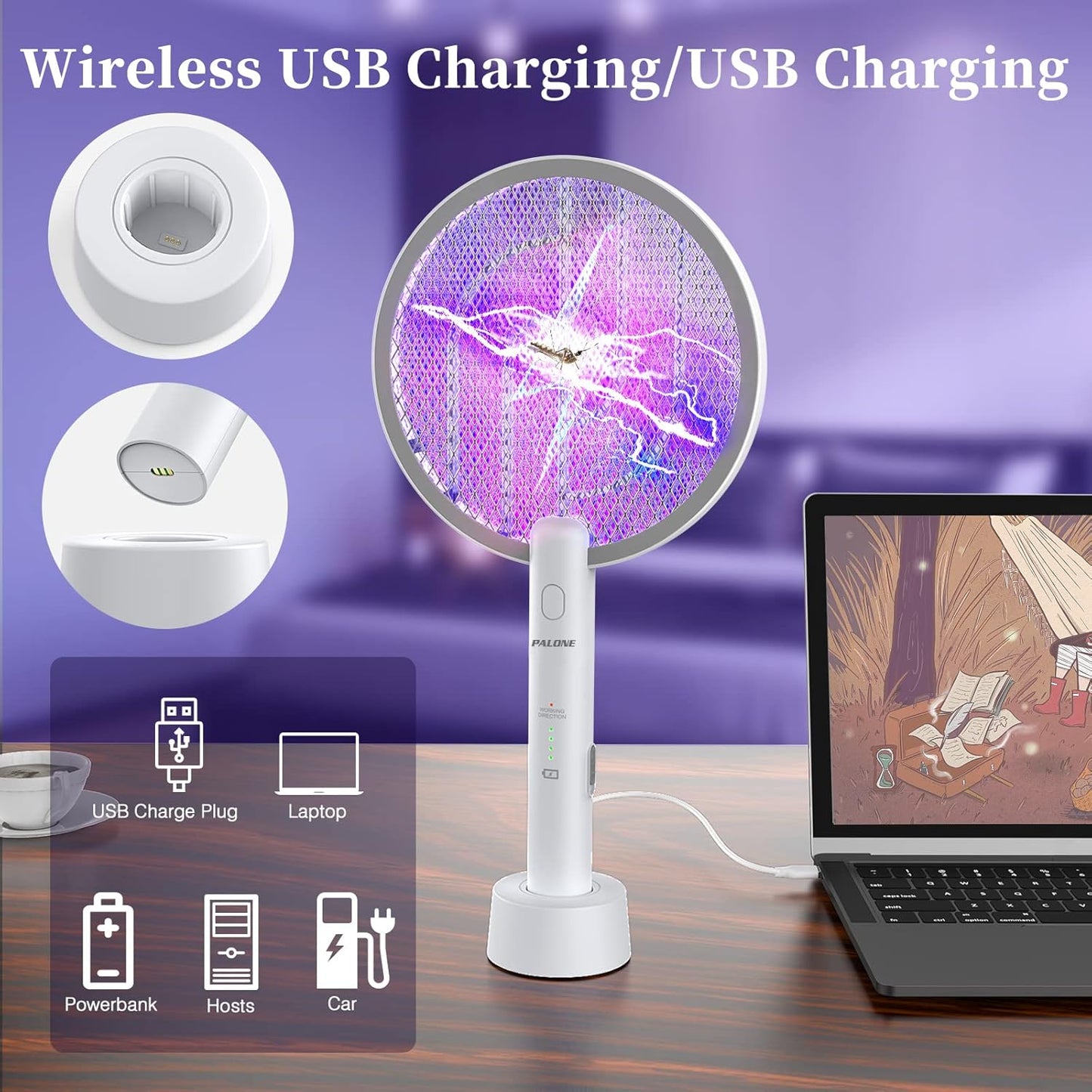 PALONE Bug Zapper Racket 3000V Electric Swatter 3 Layers Lamp Indoor Zapper Without Waving Hands for Kitchen, Home, Garden and Outdoors